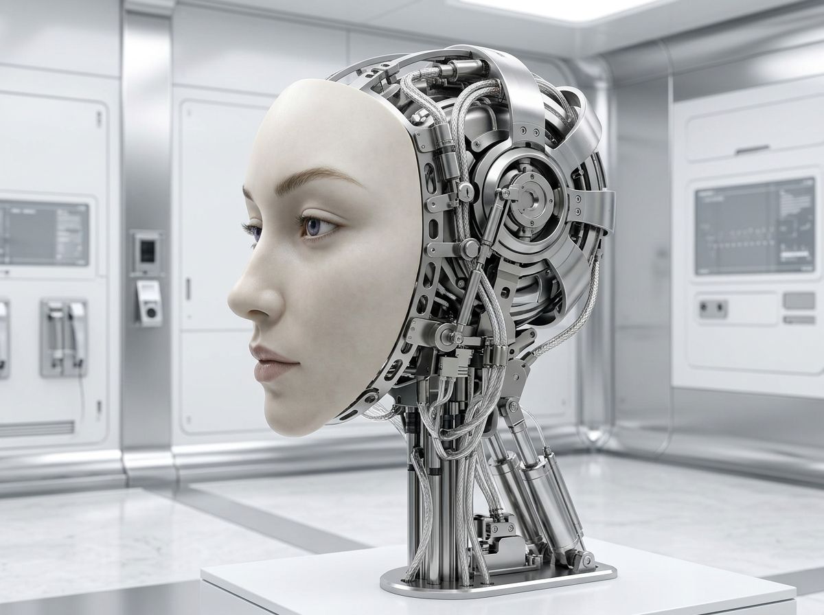 Three-quarter view of ALYS showing the engineered titanium structure and cabling behind the face