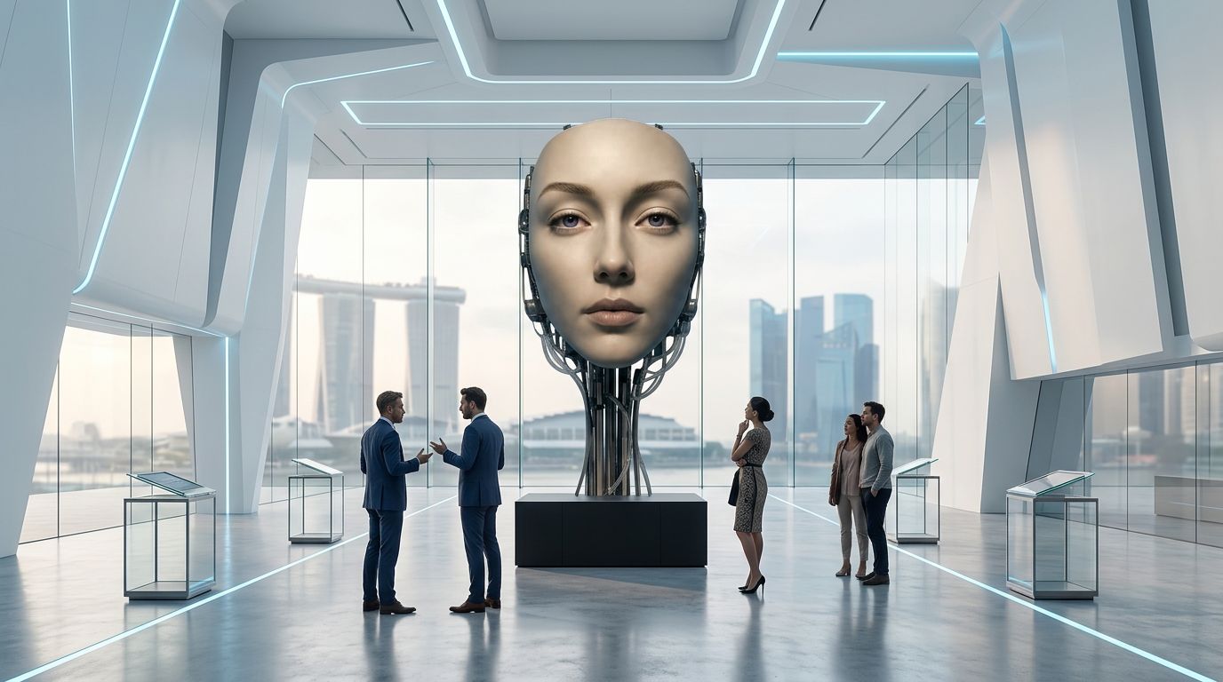 Conceptual visualisation of visitors interacting with an ALYS installation in a bright Singapore exhibition hall