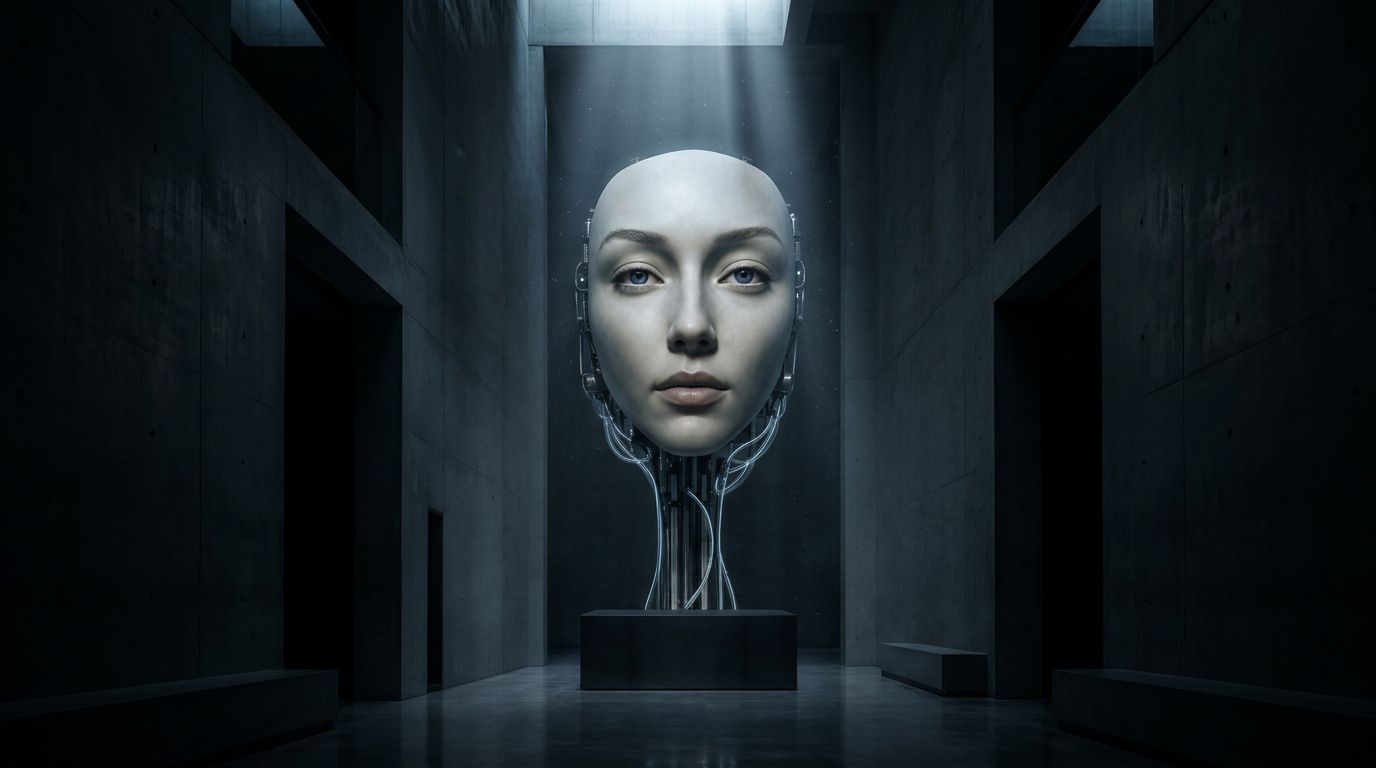 ALYS illuminated by a single shaft of light in a dark concrete hall