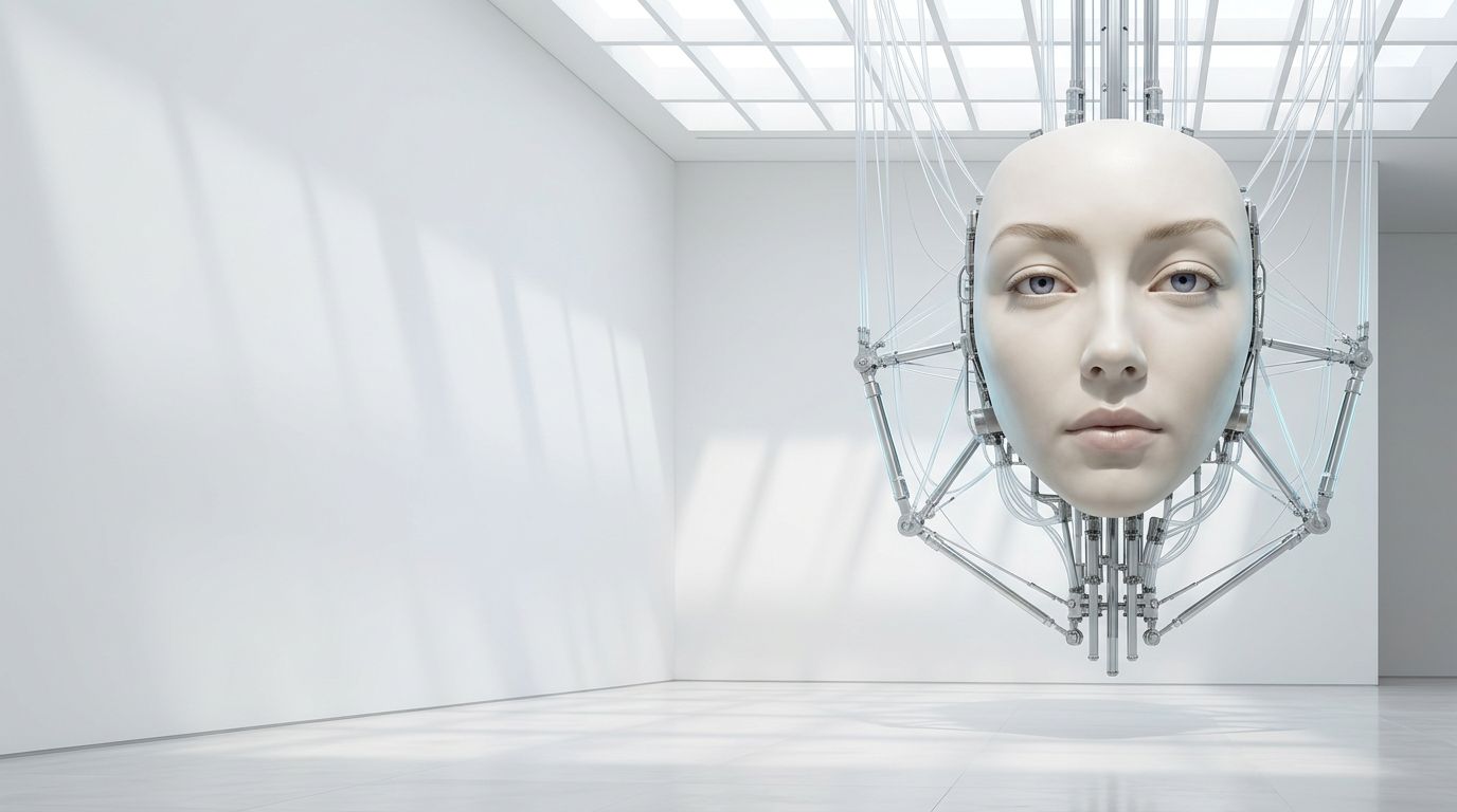 ALYS, a sculptural robotic face supported by silver struts and fine cables, suspended in a bright white gallery